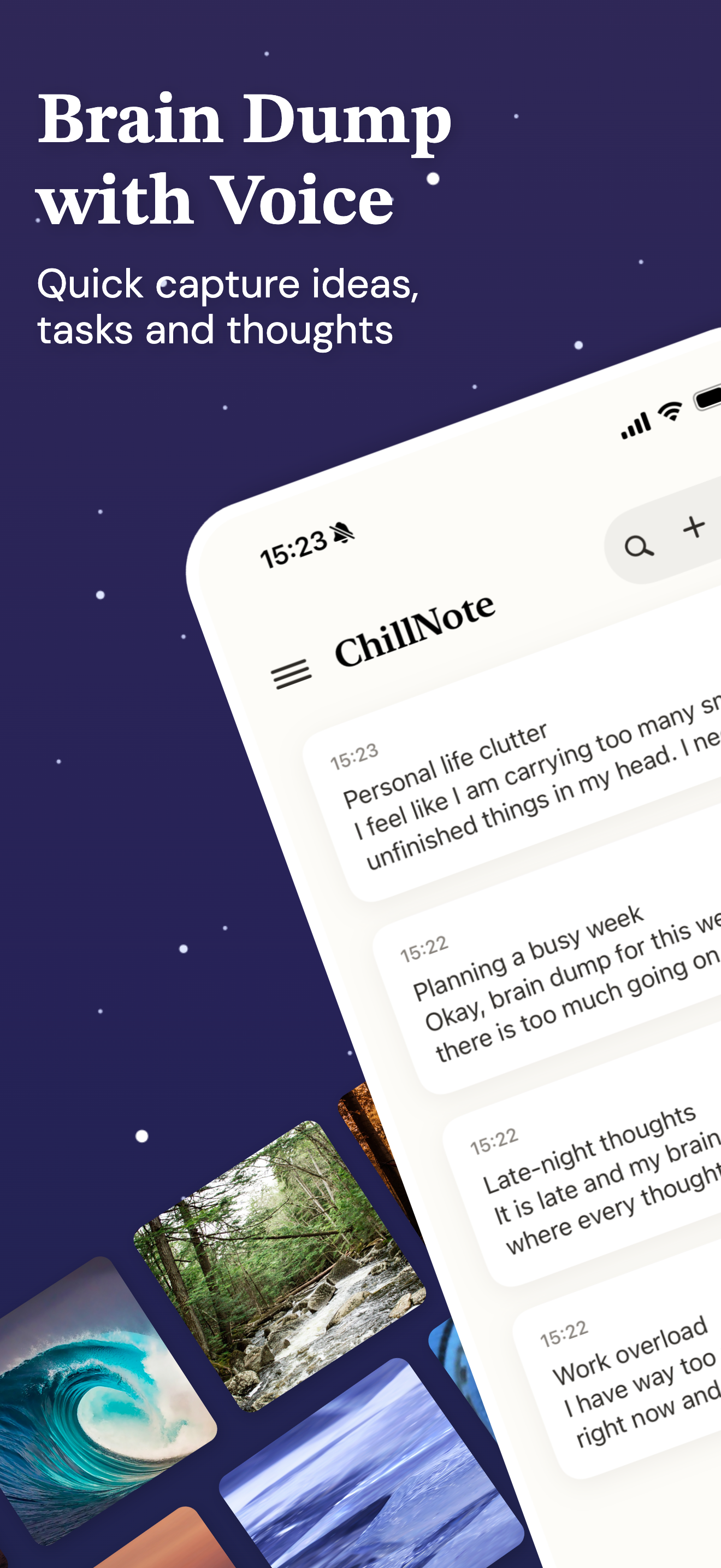 ChillNote App Store screenshot showing voice capture for saving ideas by talking